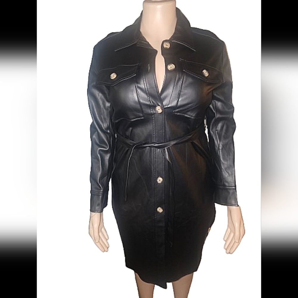 Elegant Black Faux Leather Button Down Midi Dress M